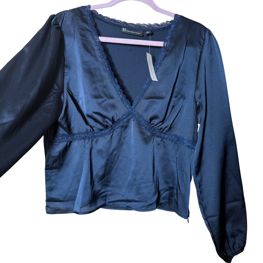 NY&C Satin Lace‎ Trim V-Neck Blouse Womens Large Navy Blue NWT CN220025